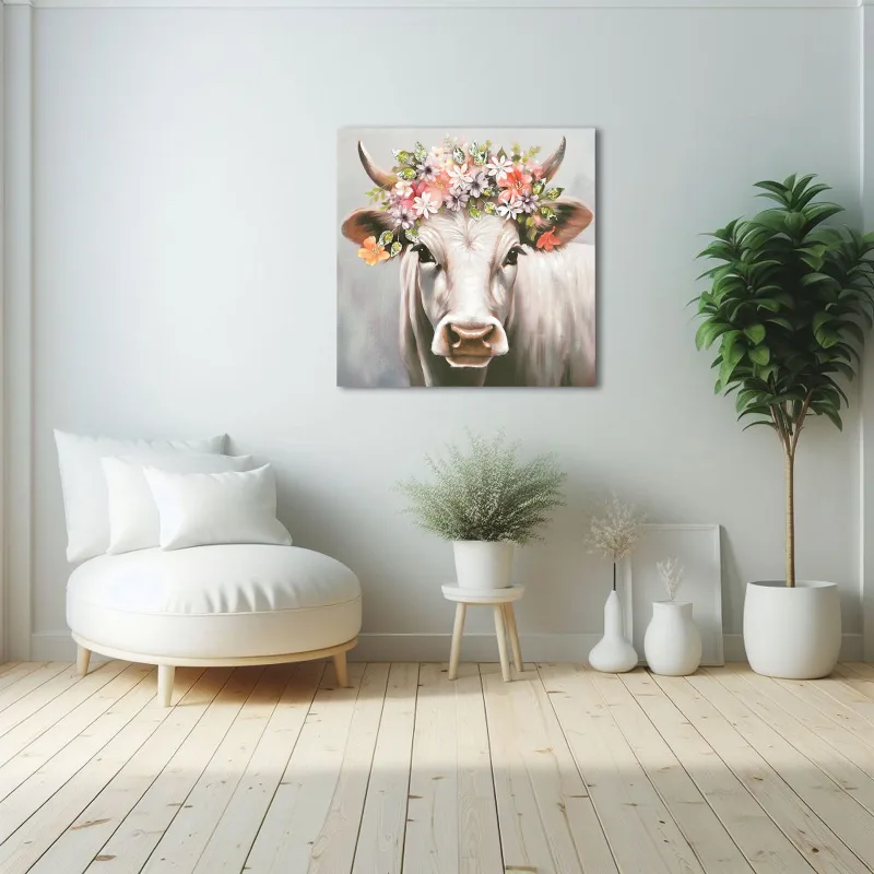 Canvas schilderij - 80x80cm - Horns Of Bloom (koe) - foto 3