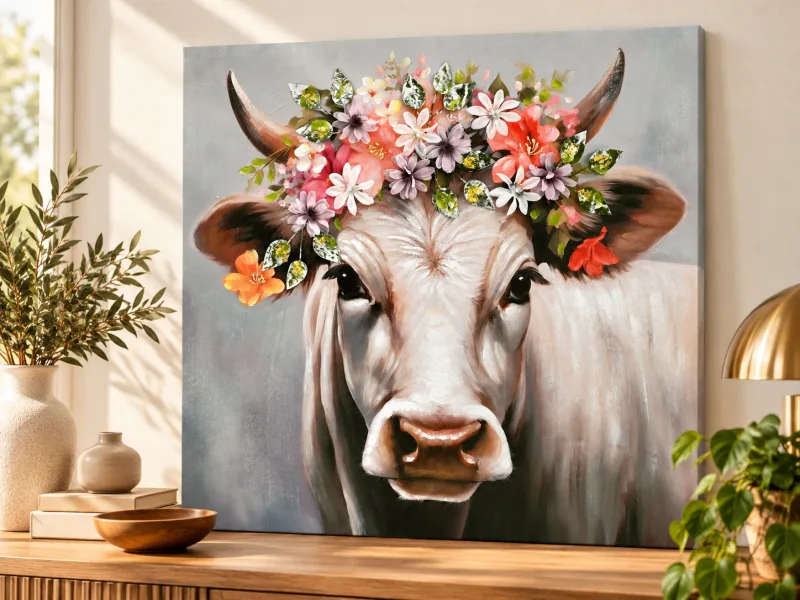 Canvas schilderij - 80x80cm - Horns Of Bloom (koe) - foto 1