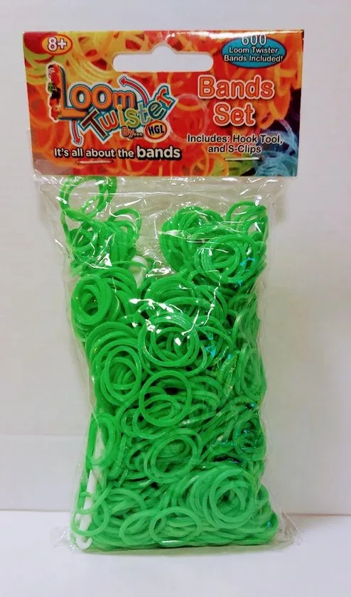 3 zakjes Loombandjes Loom Twister neon groen 3 x 600 bandjes inclusief haakjes en tool - foto 3