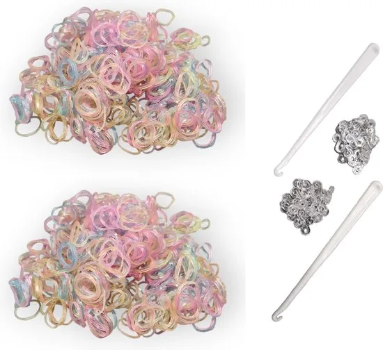 Loombandjes Glitter kleurenmix – 1.200 elastiekjes – Met 2 weefhaken & S-clips - foto 3
