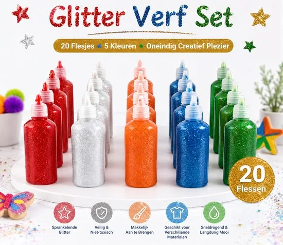 Glitterverf voor Kinderen 20x – 5 Kleuren – 25ml – Knutselverf Hobbyverf - foto 3