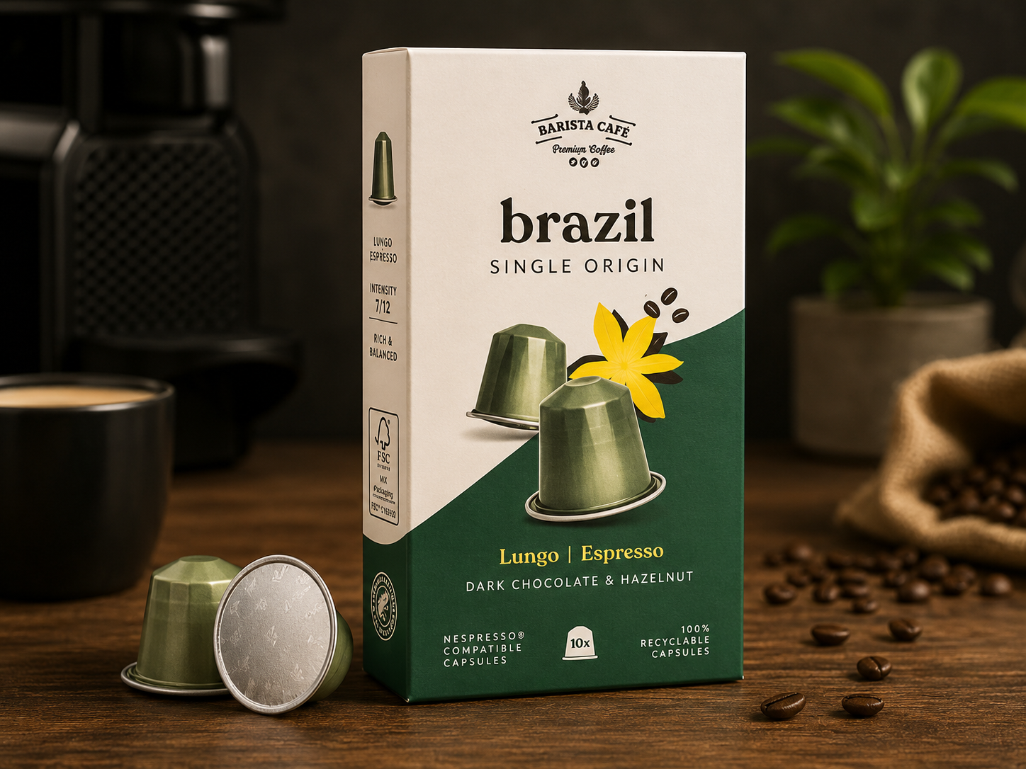 Koffiecups Lungo (Barista Café Brazil) 100% Arabica (100 stuks) Nespresso® compatibel. Milde koffie
