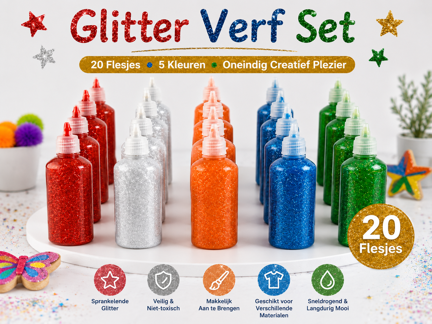 Glitterverf voor Kinderen 20x (5 Kleuren) 25ml. Knutselverf Hobbyverf