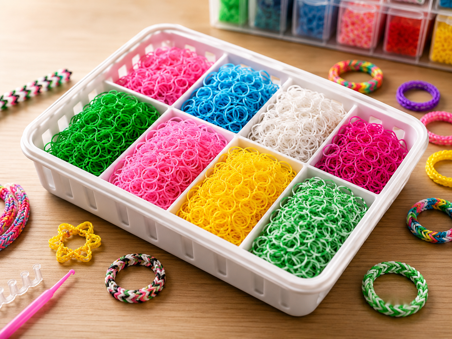 Loombandjes kleurenmix (3.600 stuks) 6 zakjes met 600 elastiekjes. Inclusief weefhaak & S-clips S-clips
